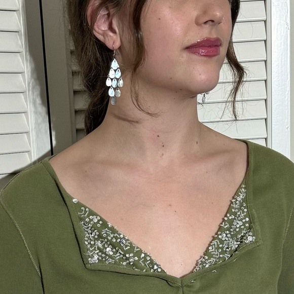 Women’s Top - Olive Green V-Neck with Sequins by For Joseph Fortune - Size M - Picture 6 of 16